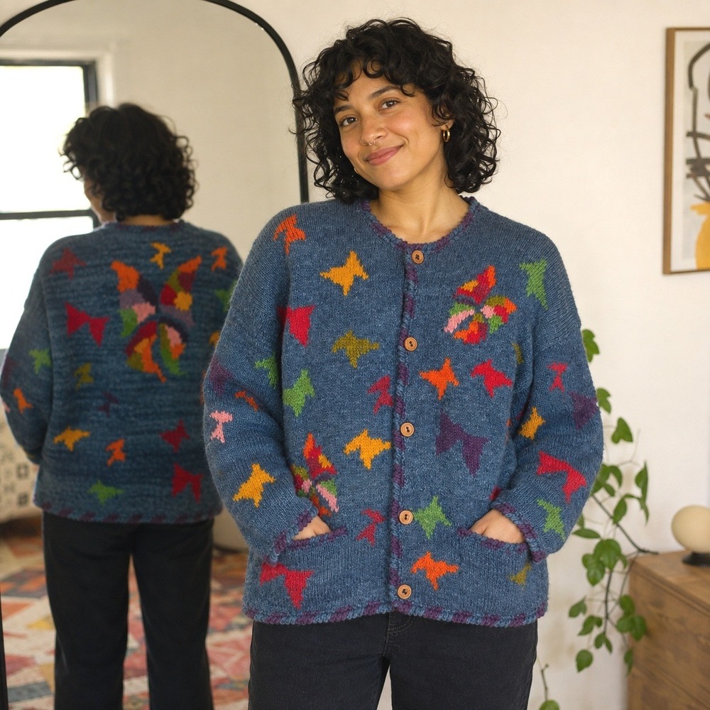 AMANO Vintage 90s Bolivia 100% Wool Hand Knit Cardigan M Butterfly Blue